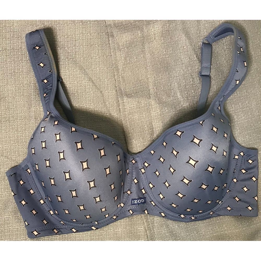 IZOD Full Figure Seamless Bra Gray Size 38D‎ Blue With Pink Polka Dots